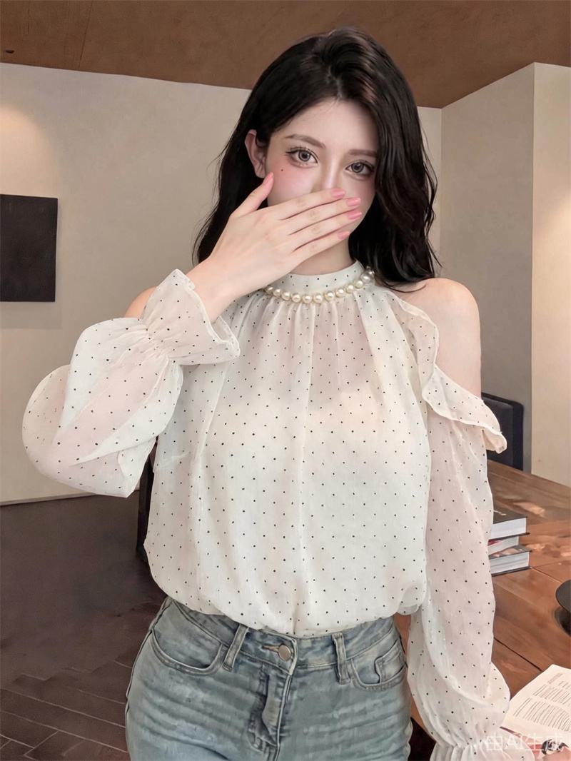 French Pearl Halter Off-Shoulder Chiffon Top with Flared Long Sleeves - Style a1ed9e - Image 3