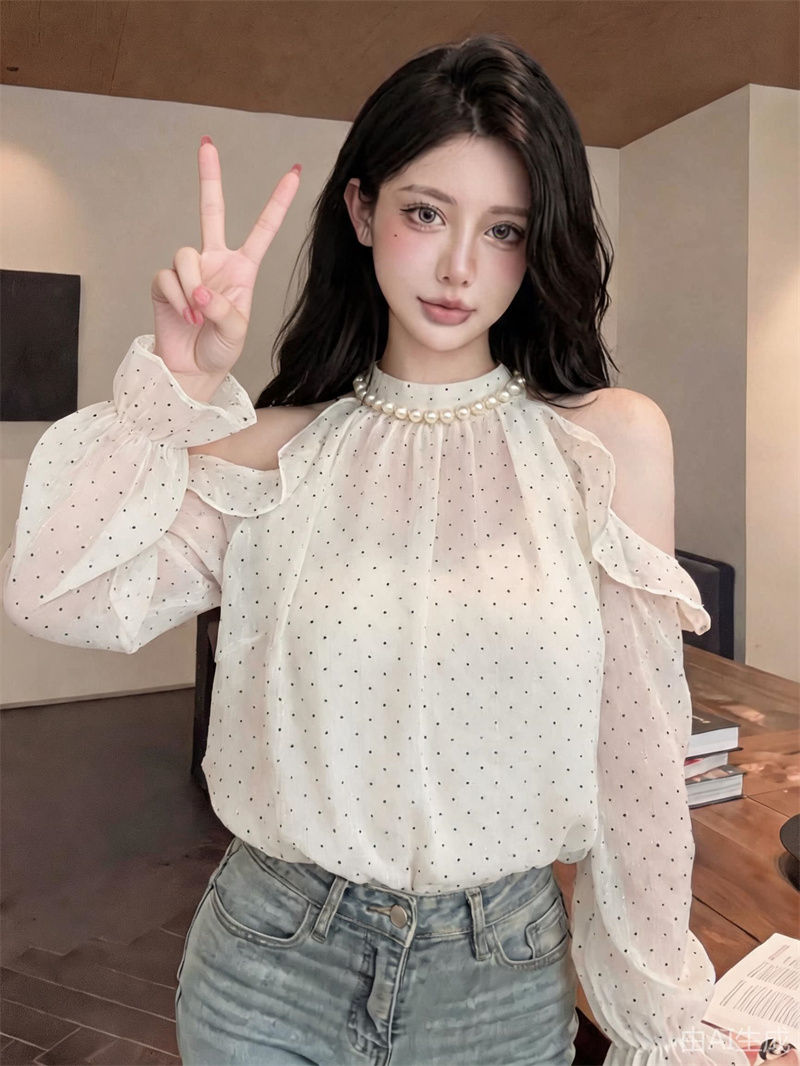 French Pearl Halter Off-Shoulder Chiffon Top with Flared Long Sleeves - Style a1ed9e - Image 4