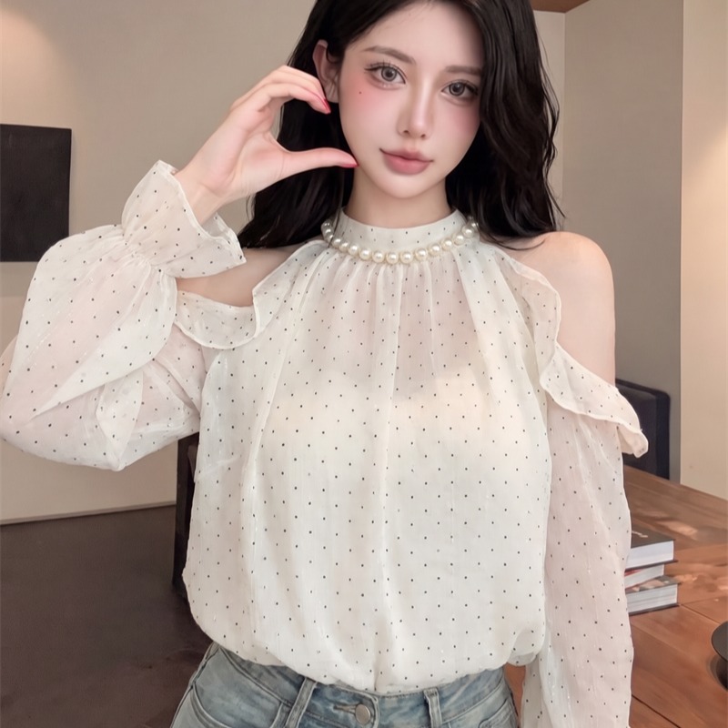 French Pearl Halter Off-Shoulder Chiffon Top with Flared Long Sleeves - Style a1ed9e - Image 5