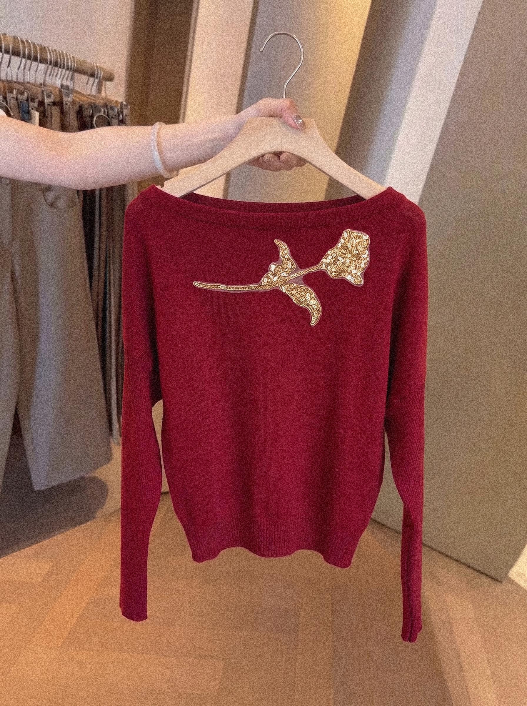 Early Spring Off-Shoulder Red Knit Top for Women 2026 New Slim Fit Base Layer - Image 2
