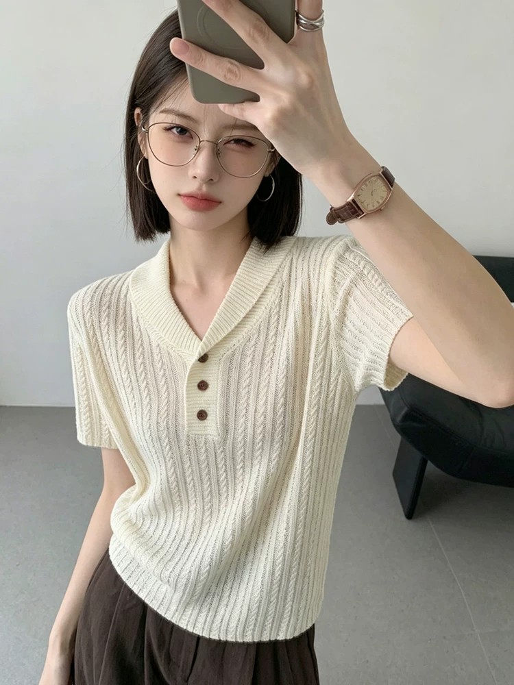 Women's Summer Knit Polo Shirt with V-Neck and Short Sleeves