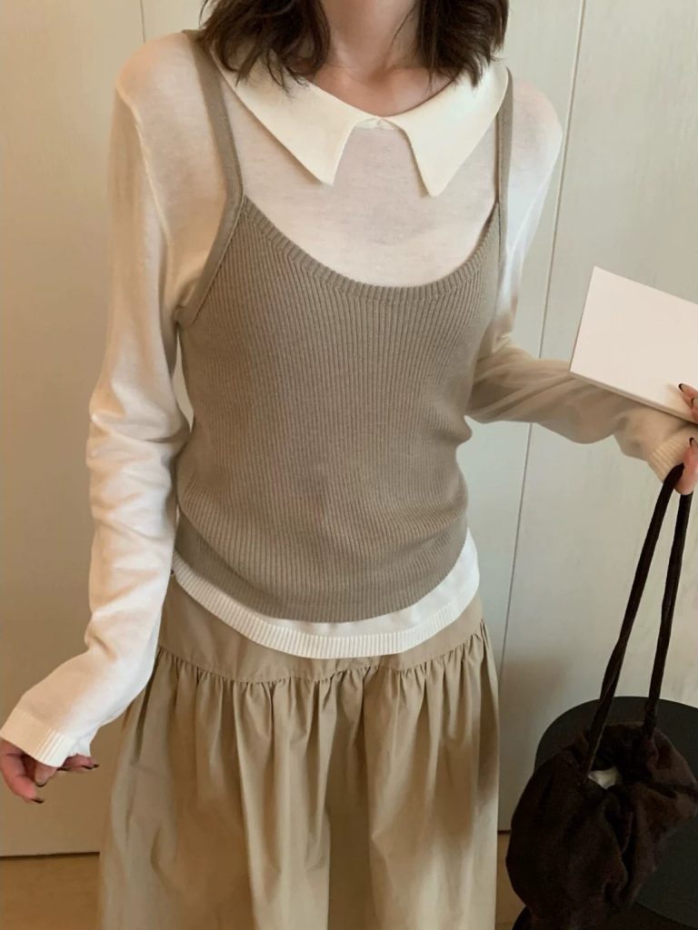 Korean Color-Block Knit Sweater with Cami Two-Piece Set