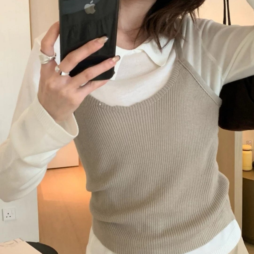 Korean Color-Block Knit Sweater with Cami Two-Piece Set - Image 5