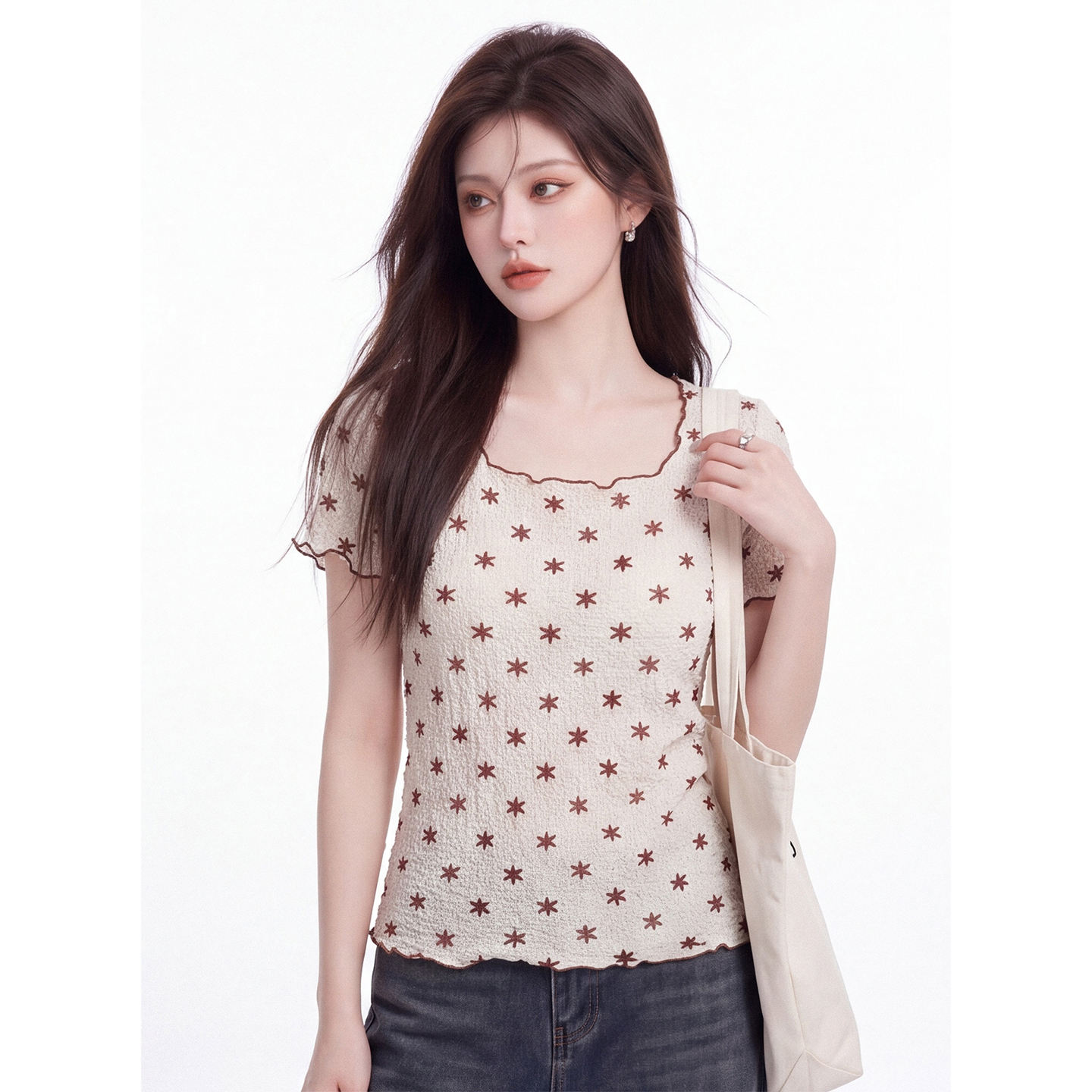 Korean Style Star Print Ruffle Trim Round Neck Short Sleeve T-Shirt for Women Summer New Textured Slimming Cropped Top - Image 2