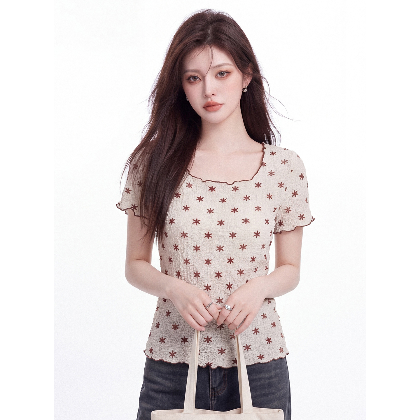 Korean Style Star Print Ruffle Trim Round Neck Short Sleeve T-Shirt for Women Summer New Textured Slimming Cropped Top - Image 3