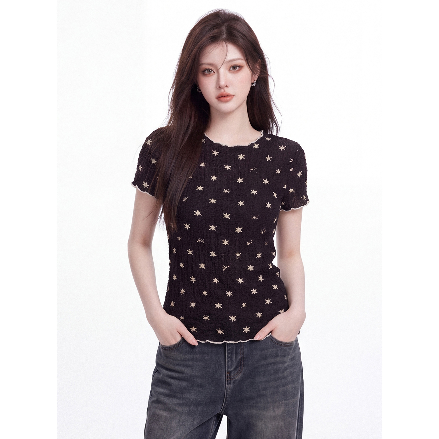 Korean Style Star Print Ruffle Trim Round Neck Short Sleeve T-Shirt for Women Summer New Textured Slimming Cropped Top - Image 4