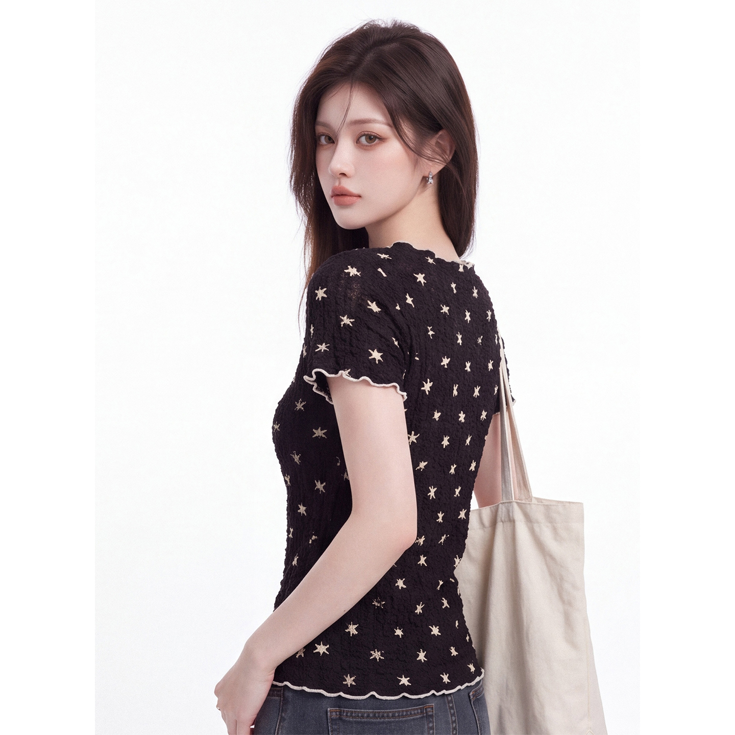 Korean Style Star Print Ruffle Trim Round Neck Short Sleeve T-Shirt for Women Summer New Textured Slimming Cropped Top - Image 5
