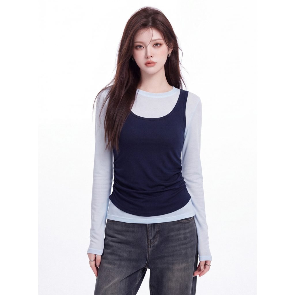 Women's Color Block Layered Look Long Sleeve T-Shirt 2026 Fall Pleated Waist Slimming Casual Top