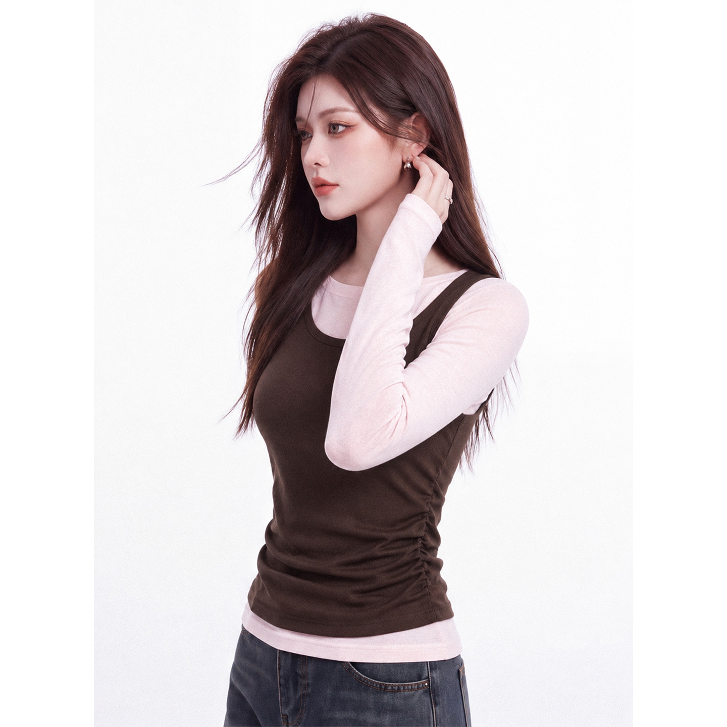 Women's Color Block Layered Look Long Sleeve T-Shirt 2026 Fall Pleated Waist Slimming Casual Top - Image 4
