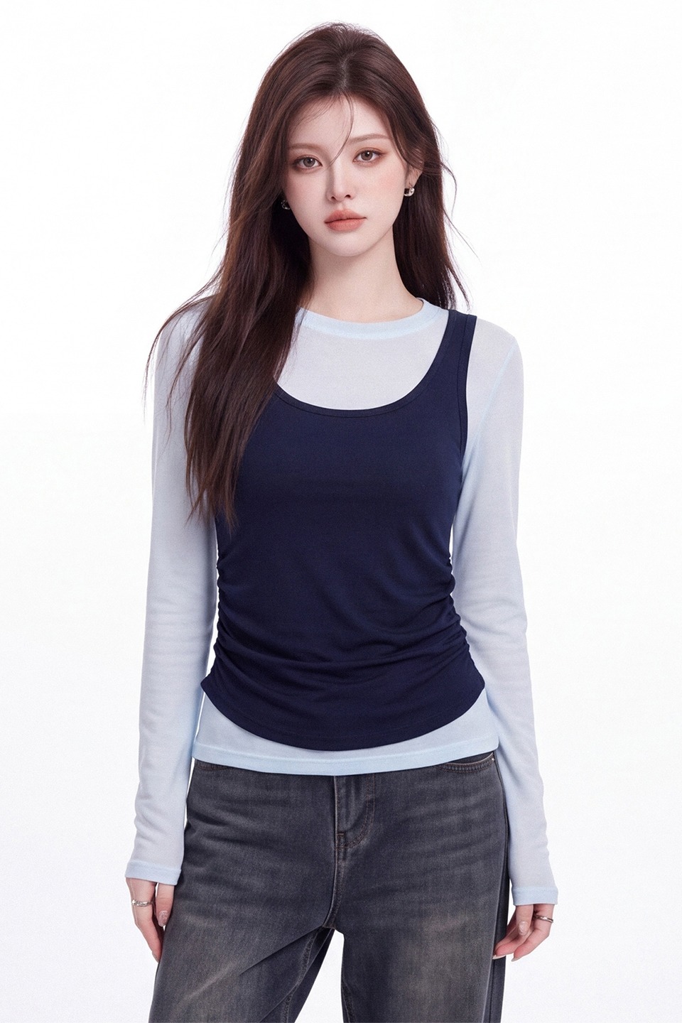 Women's Color Block Layered Look Long Sleeve T-Shirt 2026 Fall Pleated Waist Slimming Casual Top - Image 5