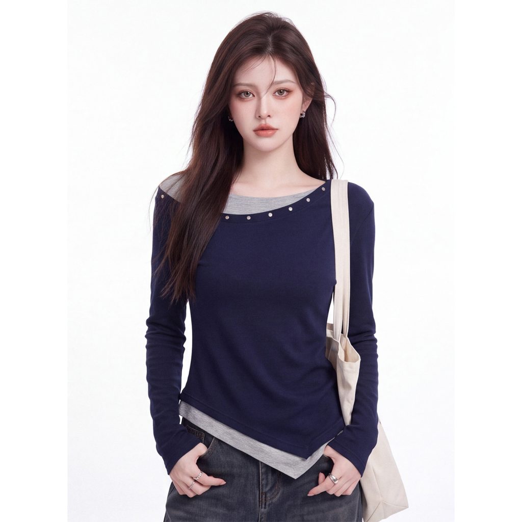 Women's American Style Off-Shoulder Long Sleeve T-Shirt Slim Fit Faux Two-Piece Top