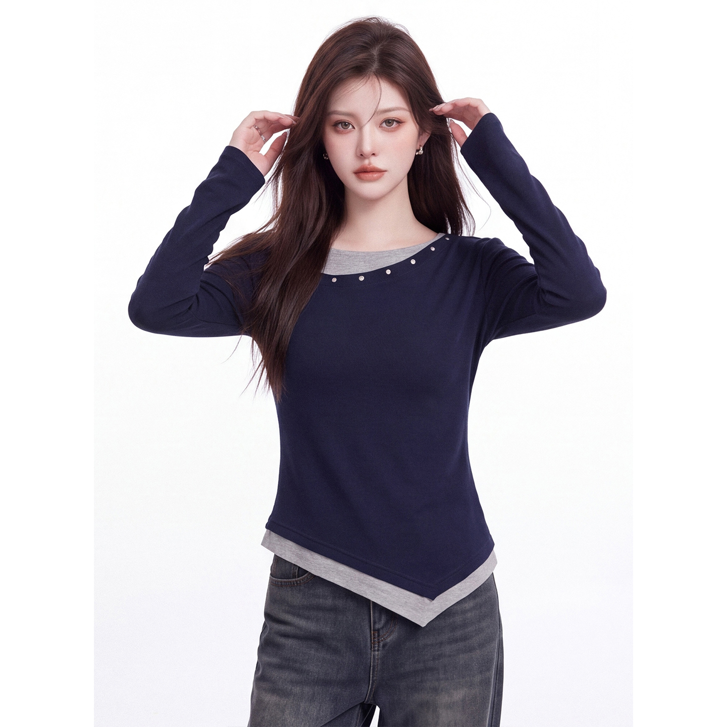 Women's American Style Off-Shoulder Long Sleeve T-Shirt Slim Fit Faux Two-Piece Top - Image 2