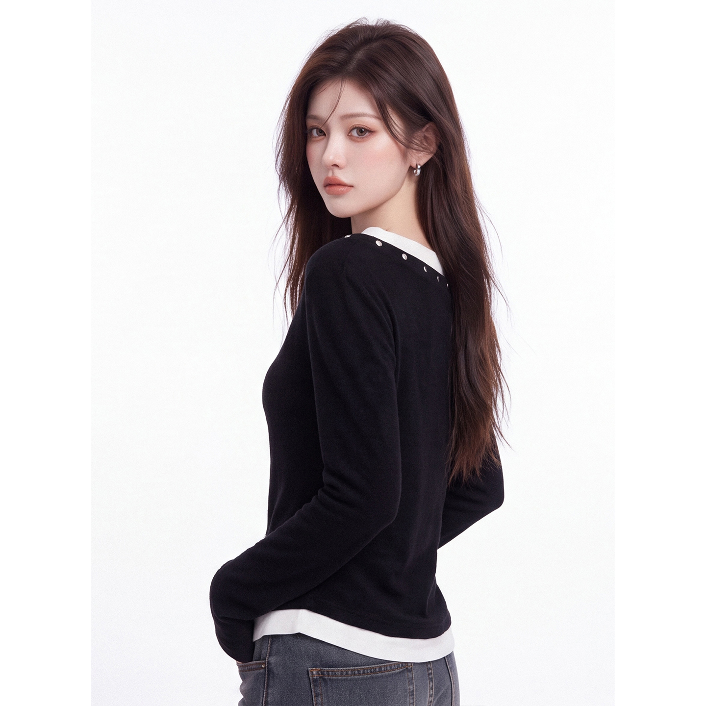 Women's American Style Off-Shoulder Long Sleeve T-Shirt Slim Fit Faux Two-Piece Top - Image 3