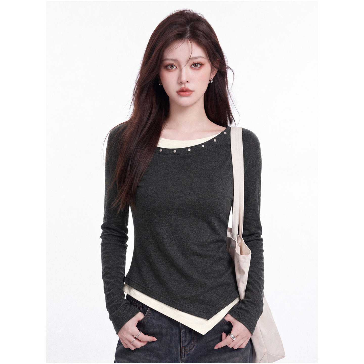 Women's American Style Off-Shoulder Long Sleeve T-Shirt Slim Fit Faux Two-Piece Top - Image 4