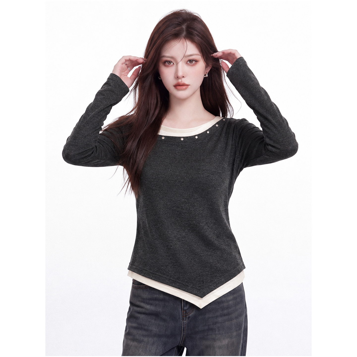 Women's American Style Off-Shoulder Long Sleeve T-Shirt Slim Fit Faux Two-Piece Top - Image 5