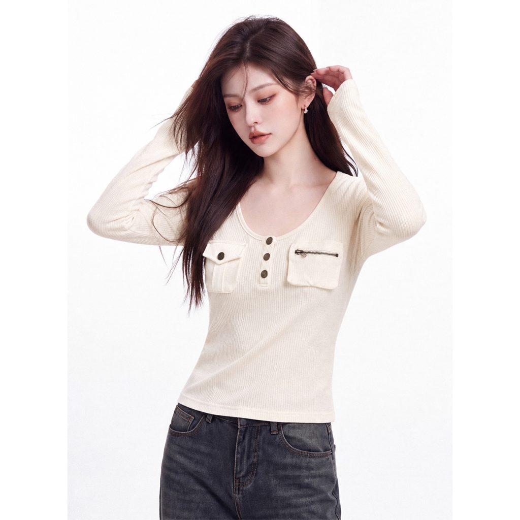 Women's American Style Patchwork Pocket Long Sleeve T-Shirt Fall 2026 Slim Fit Base Layer Top