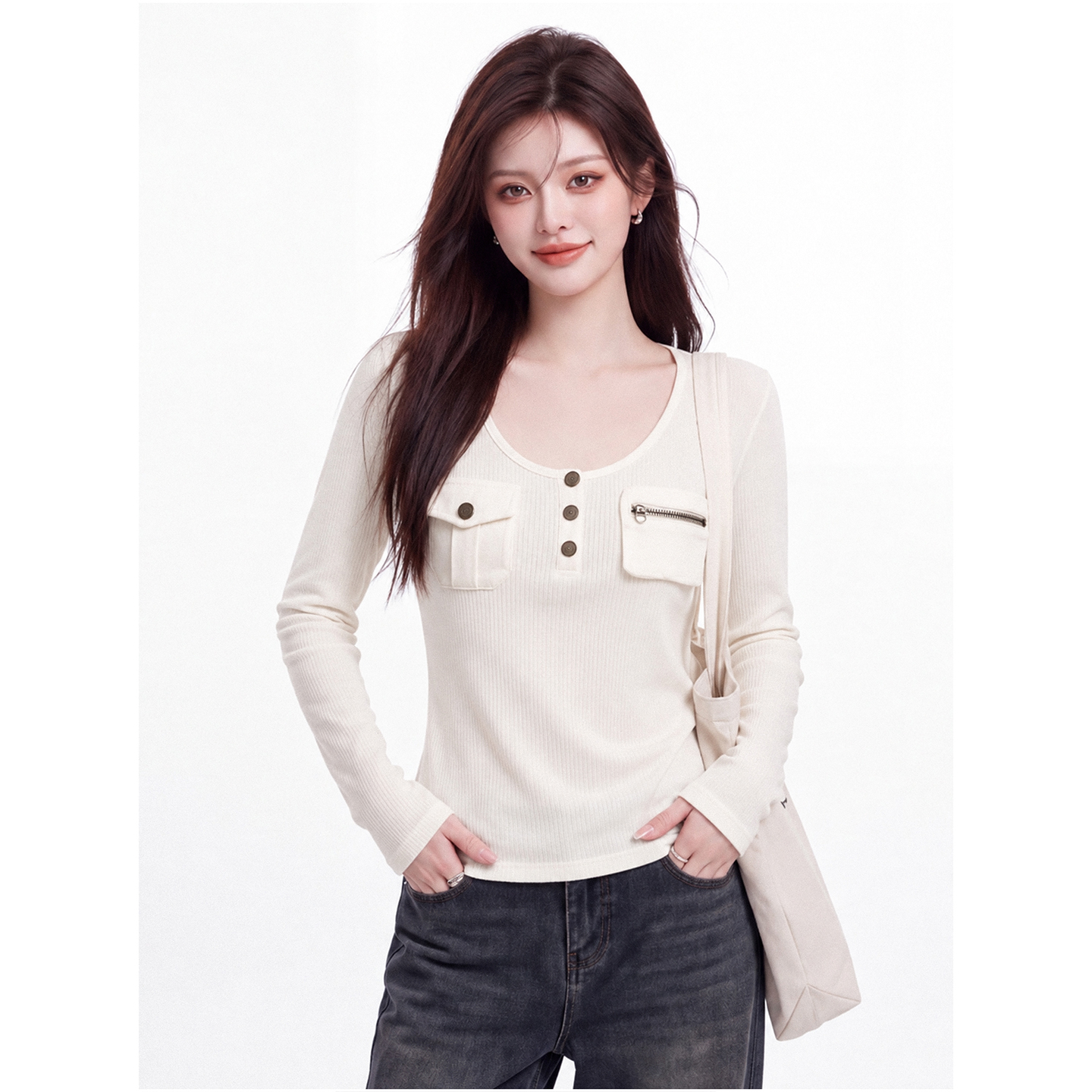 Women's American Style Patchwork Pocket Long Sleeve T-Shirt Fall 2026 Slim Fit Base Layer Top - Image 2