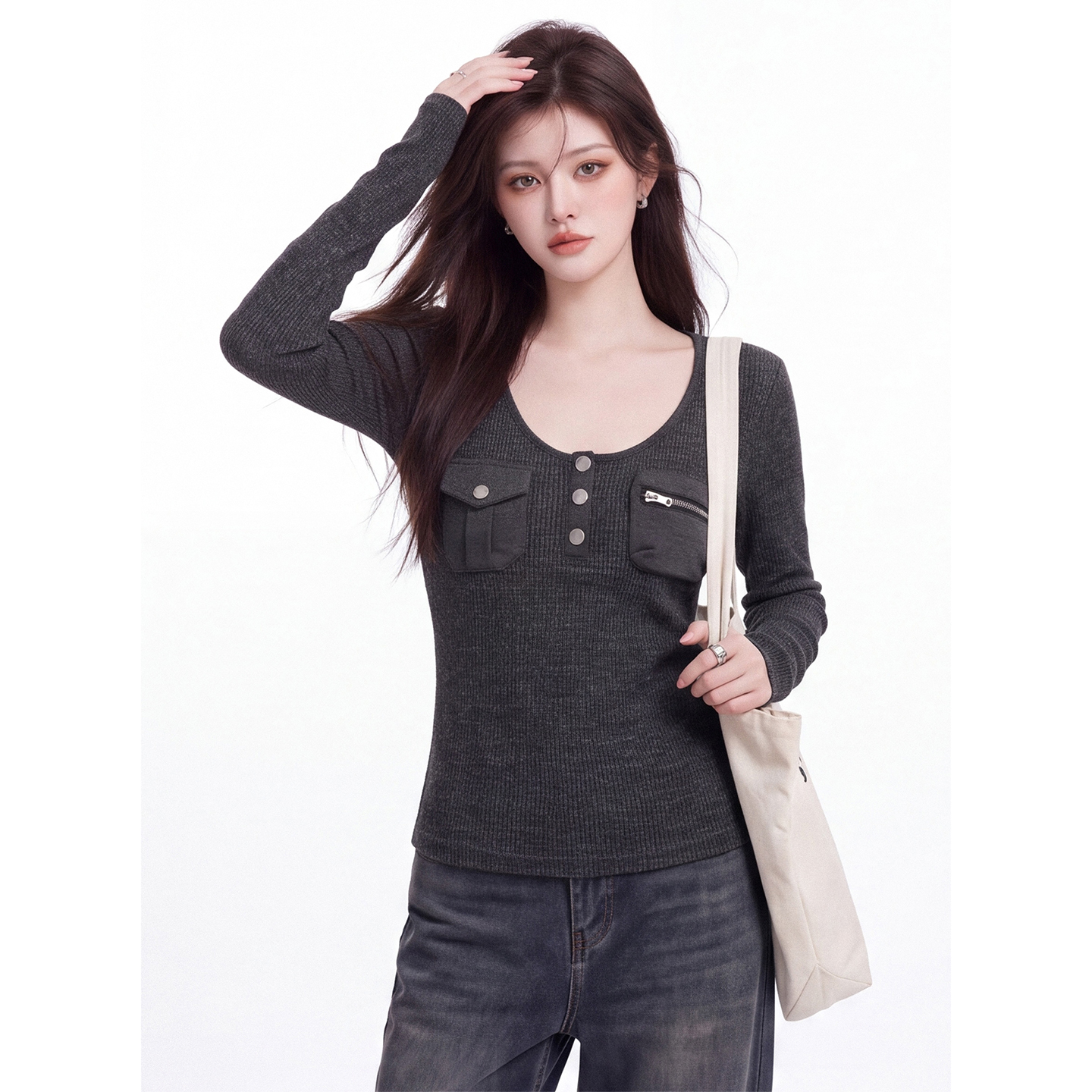 Women's American Style Patchwork Pocket Long Sleeve T-Shirt Fall 2026 Slim Fit Base Layer Top - Image 3