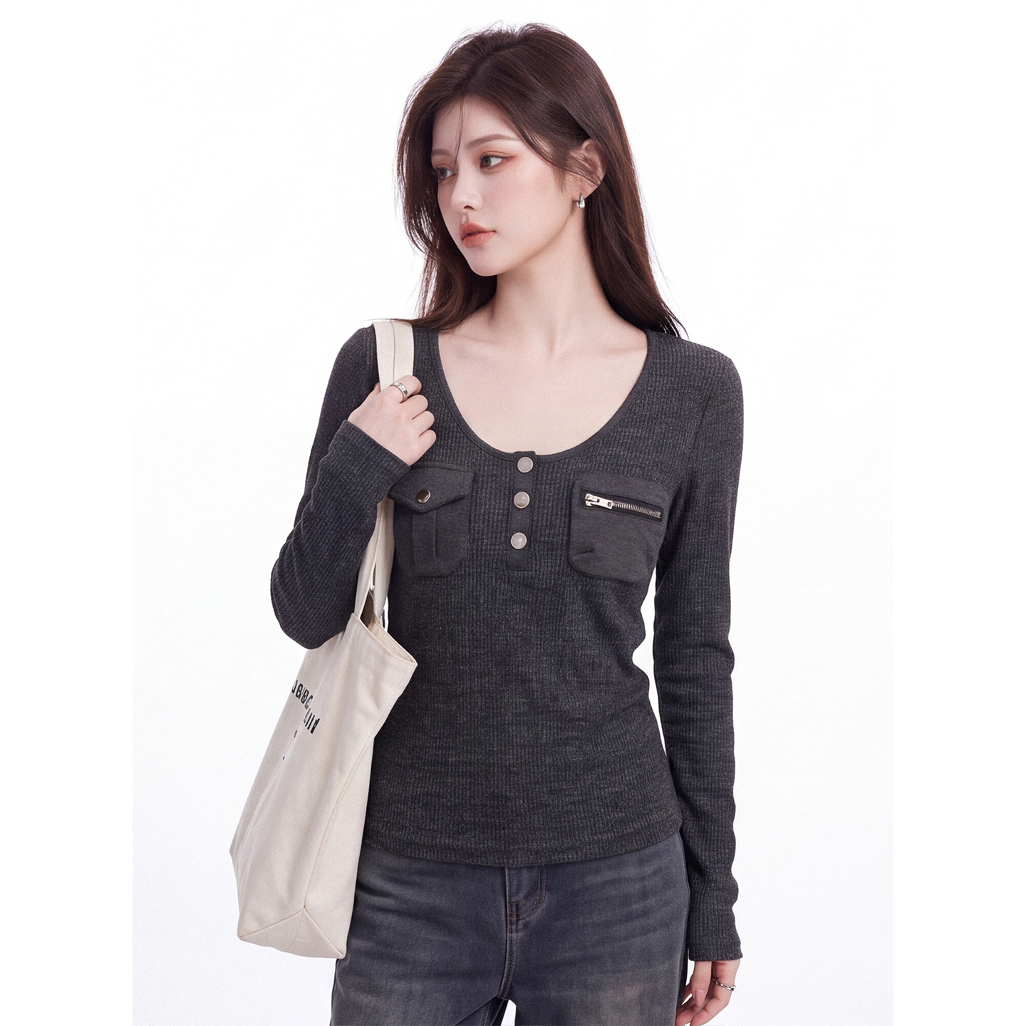 Women's American Style Patchwork Pocket Long Sleeve T-Shirt Fall 2026 Slim Fit Base Layer Top - Image 4