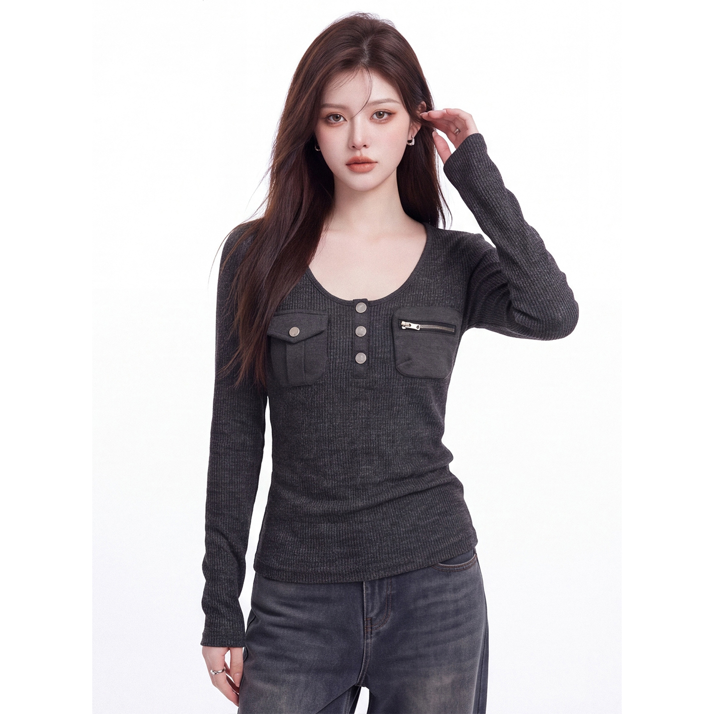 Women's American Style Patchwork Pocket Long Sleeve T-Shirt Fall 2026 Slim Fit Base Layer Top - Image 5