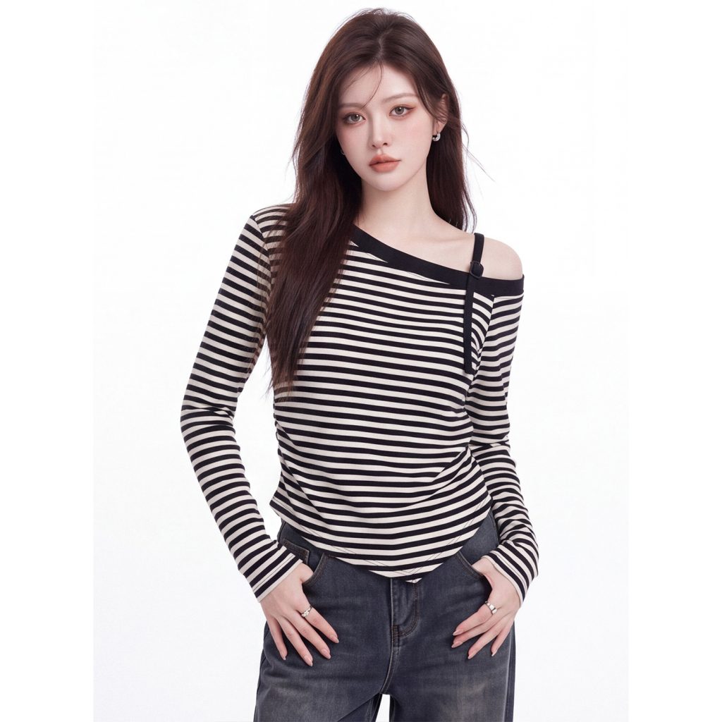 Women's Striped One-Shoulder Long-Sleeve Slim Fit T-Shirt 2026 Fall New