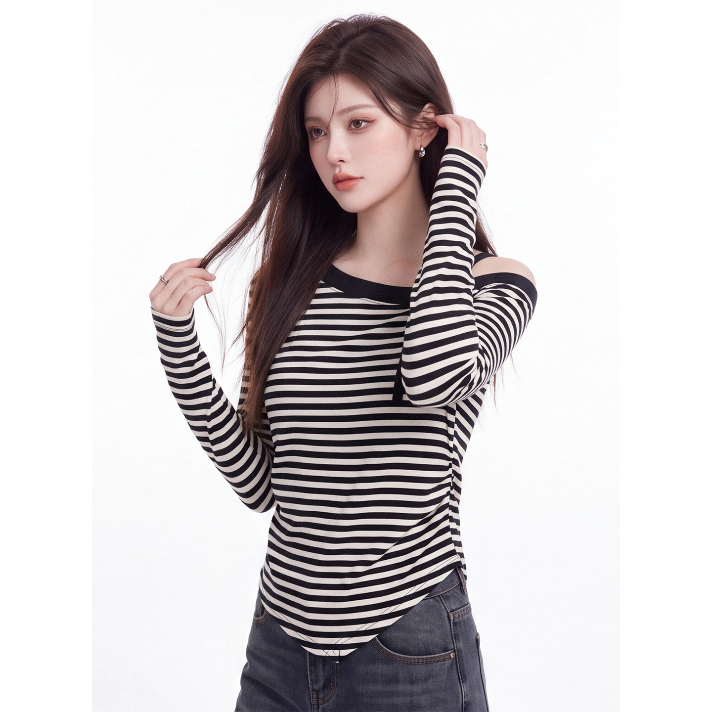 Women's Striped One-Shoulder Long-Sleeve Slim Fit T-Shirt 2026 Fall New - Image 2