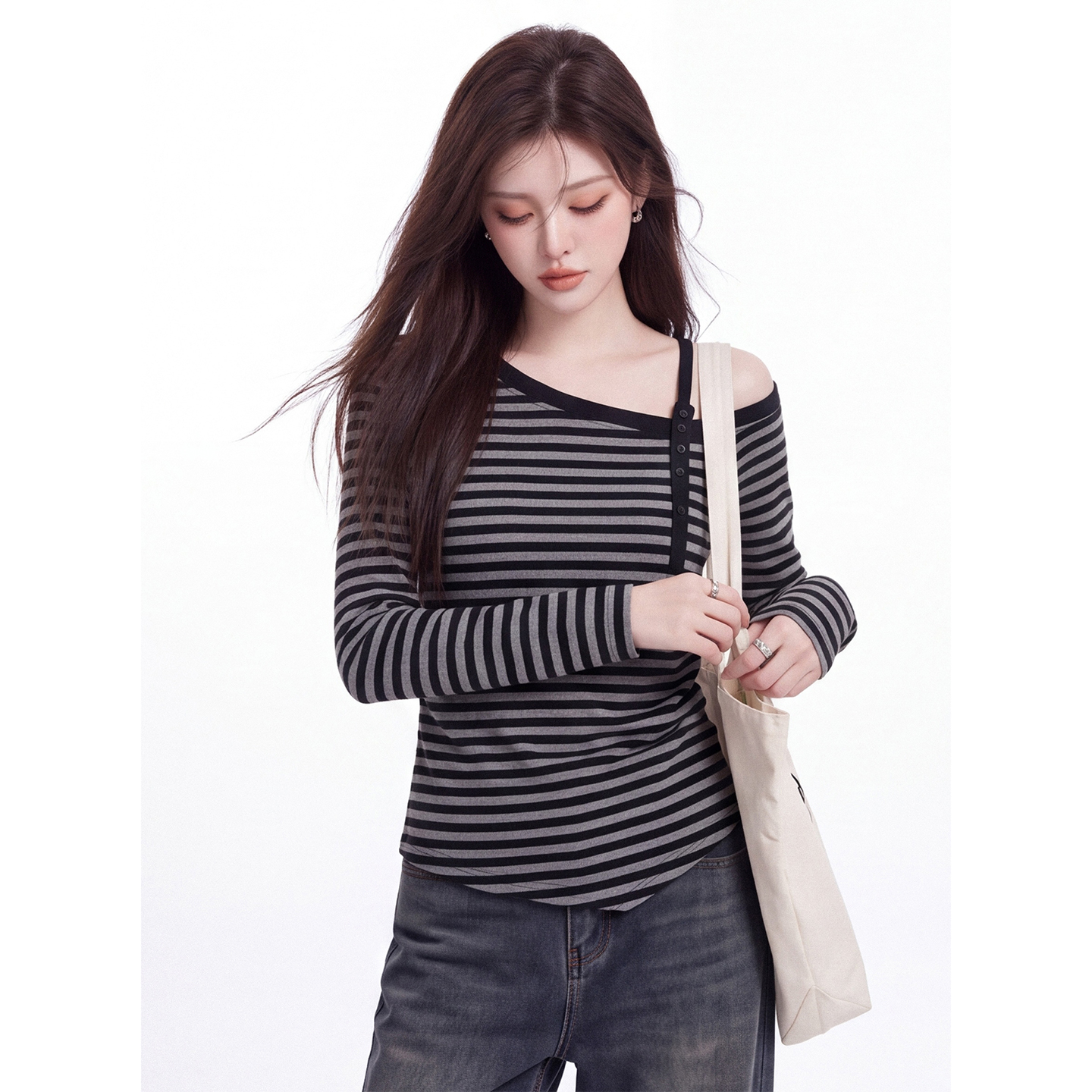Women's Striped One-Shoulder Long-Sleeve Slim Fit T-Shirt 2026 Fall New - Image 4