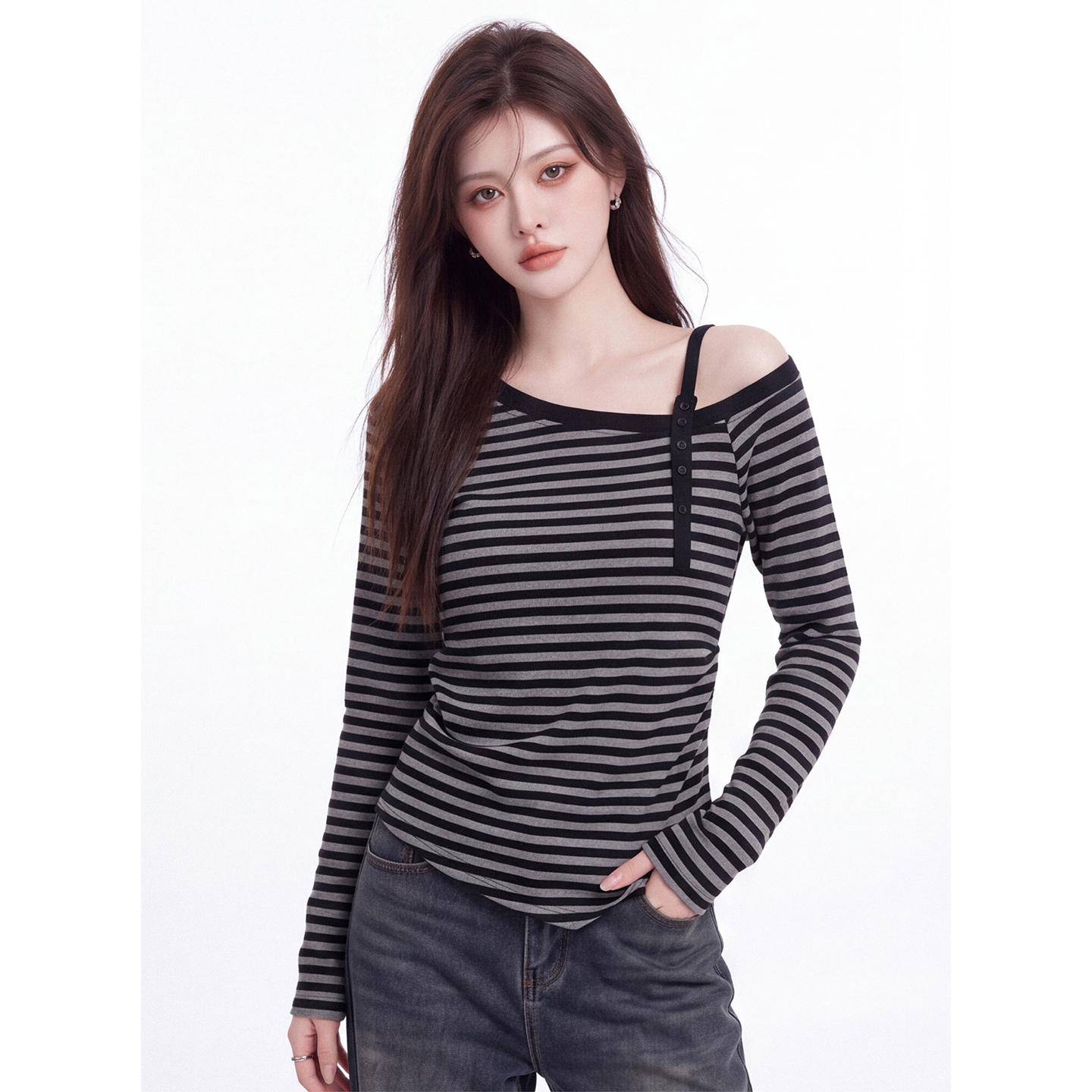 Women's Striped One-Shoulder Long-Sleeve Slim Fit T-Shirt 2026 Fall New - Image 5