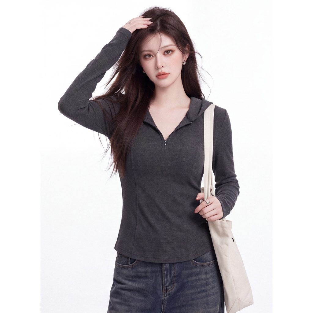 Women's Hooded Half-Zip Long-Sleeve Slim Fit T-Shirt 2026 Early Autumn Short Top