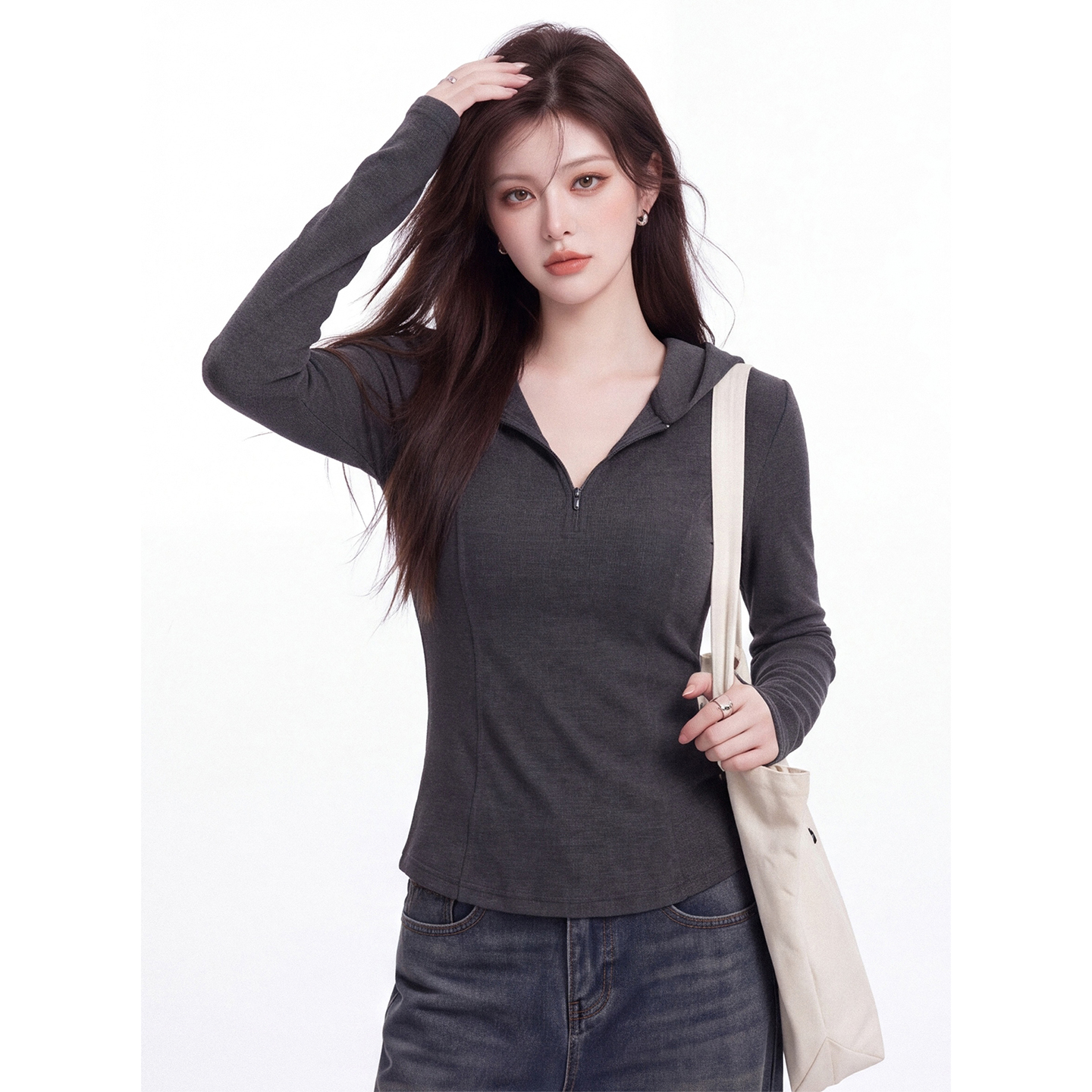 Women's Hooded Half-Zip Long-Sleeve Slim Fit T-Shirt 2026 Early Autumn Short Top