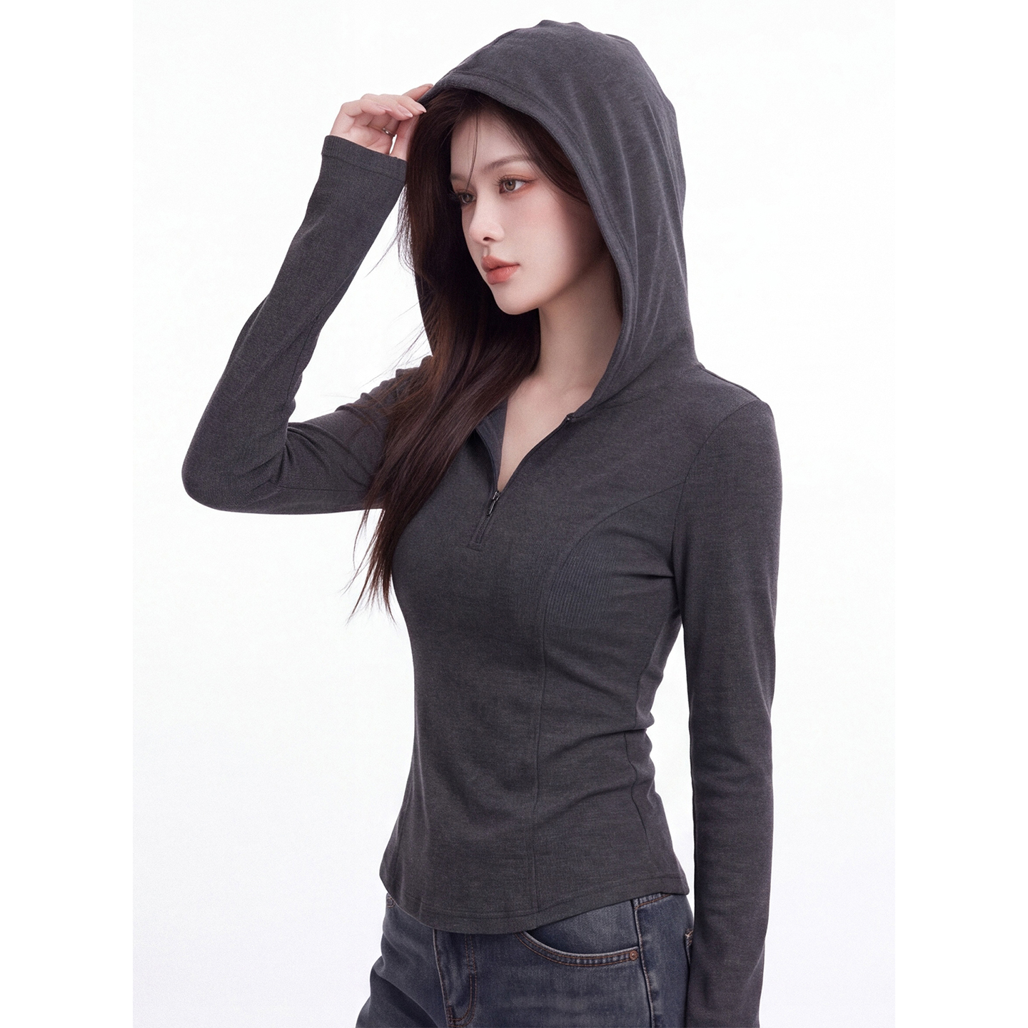 Women's Hooded Half-Zip Long-Sleeve Slim Fit T-Shirt 2026 Early Autumn Short Top - Image 2
