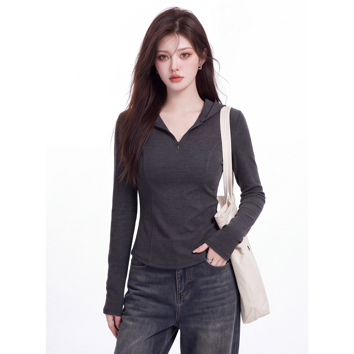 Women's Hooded Half-Zip Long-Sleeve Slim Fit T-Shirt 2026 Early Autumn Short Top - Image 3