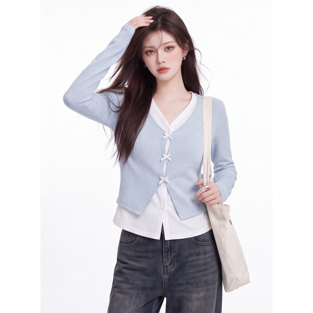 Women's Faux Two-Piece Long Sleeve T-Shirt 2026 Autumn V-Neck Color Block Slim Fit Short Top