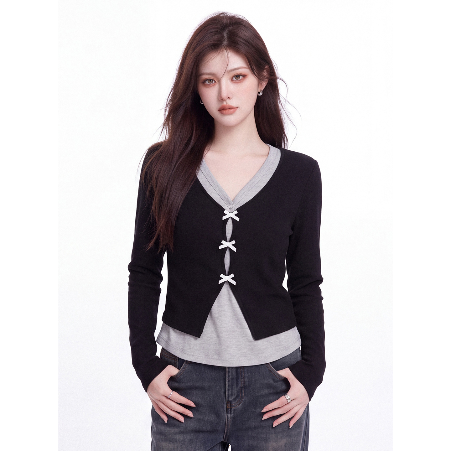 Women's Faux Two-Piece Long Sleeve T-Shirt 2026 Autumn V-Neck Color Block Slim Fit Short Top - Image 5