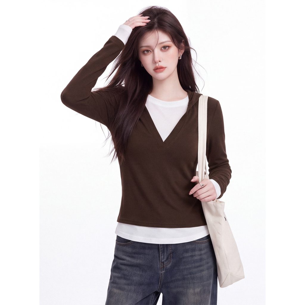Women's Color Block Hooded Long Sleeve T-Shirt 2026 Fall Slim Fit Faux Two Piece Top