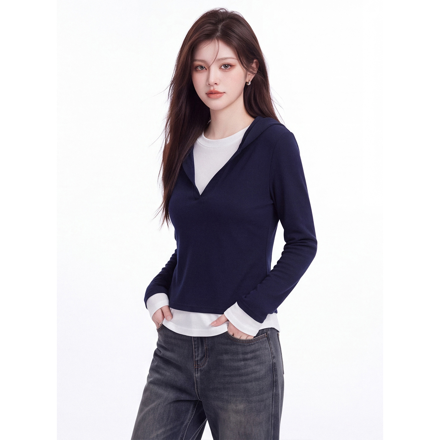Women's Color Block Hooded Long Sleeve T-Shirt 2026 Fall Slim Fit Faux Two Piece Top - Image 2