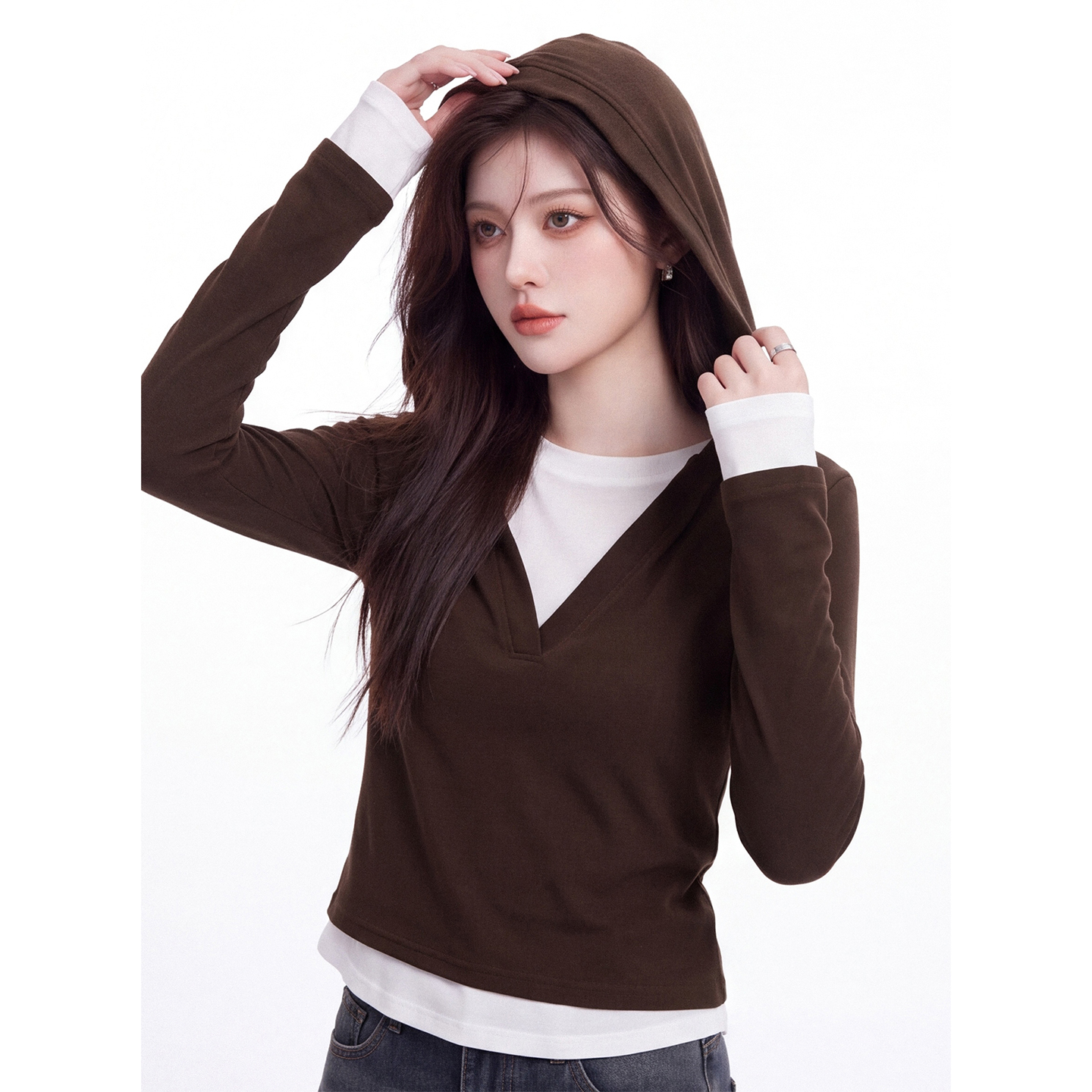 Women's Color Block Hooded Long Sleeve T-Shirt 2026 Fall Slim Fit Faux Two Piece Top - Image 3
