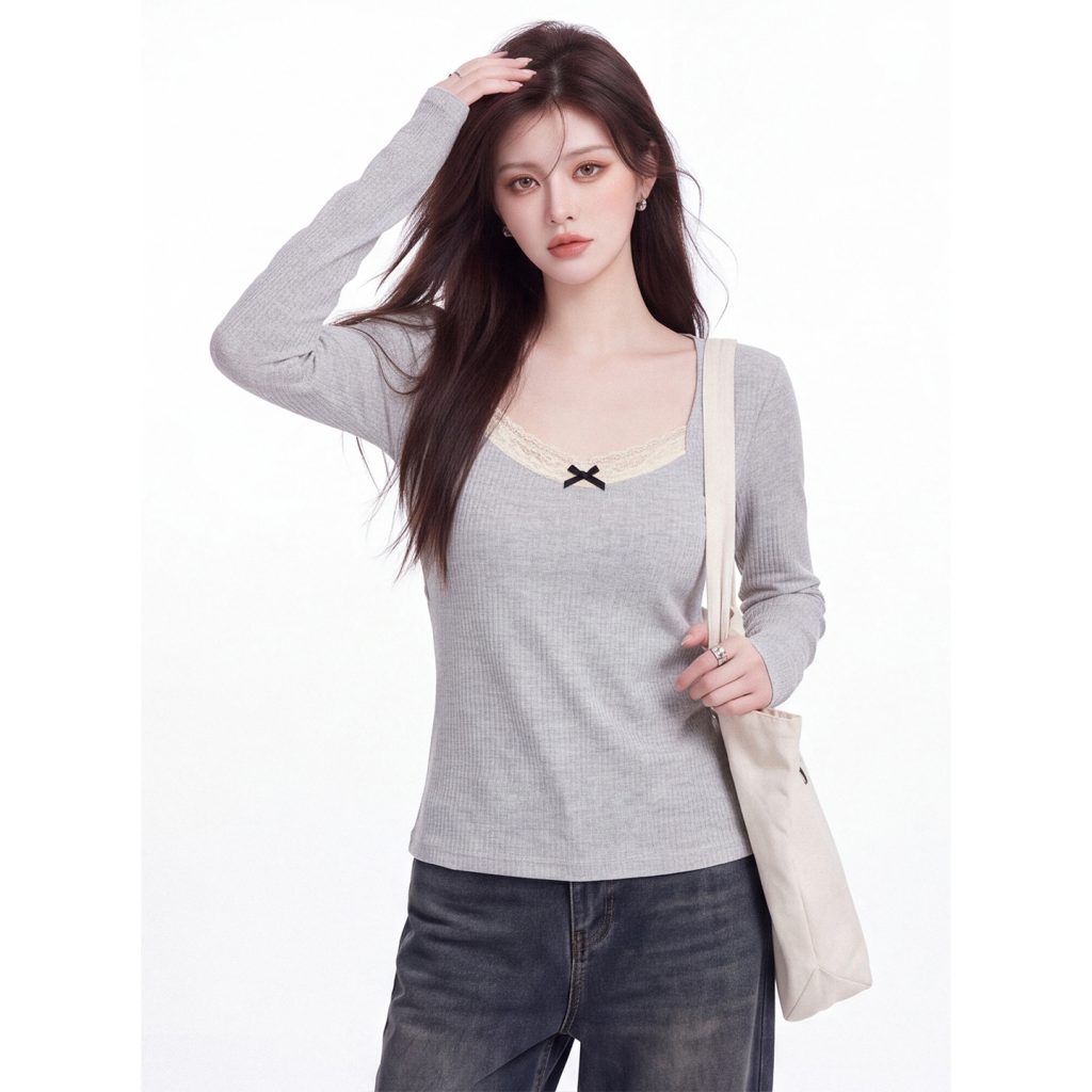 Women's Lace Trim Long Sleeve T-Shirt 2026 Fall Slim Fit Base Layer