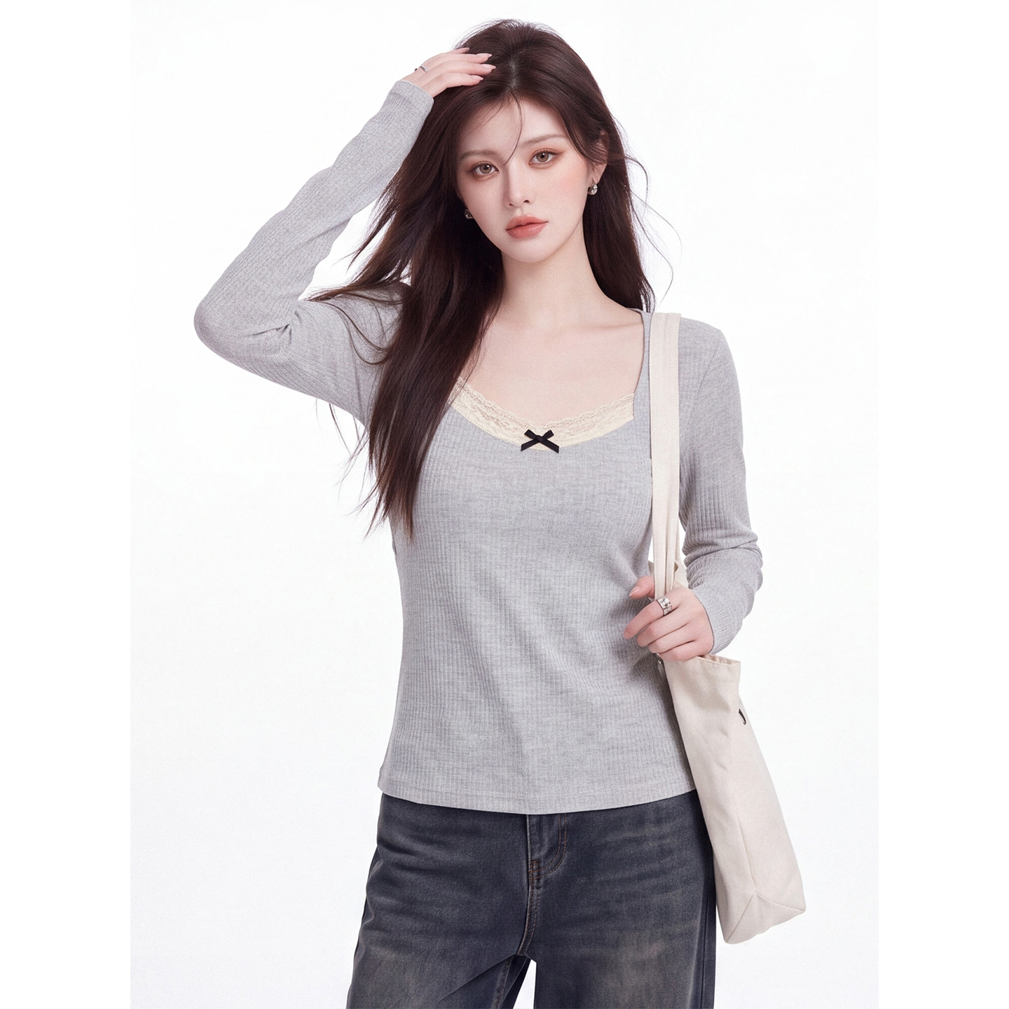 Women's Lace Trim Long Sleeve T-Shirt 2026 Fall Slim Fit Base Layer