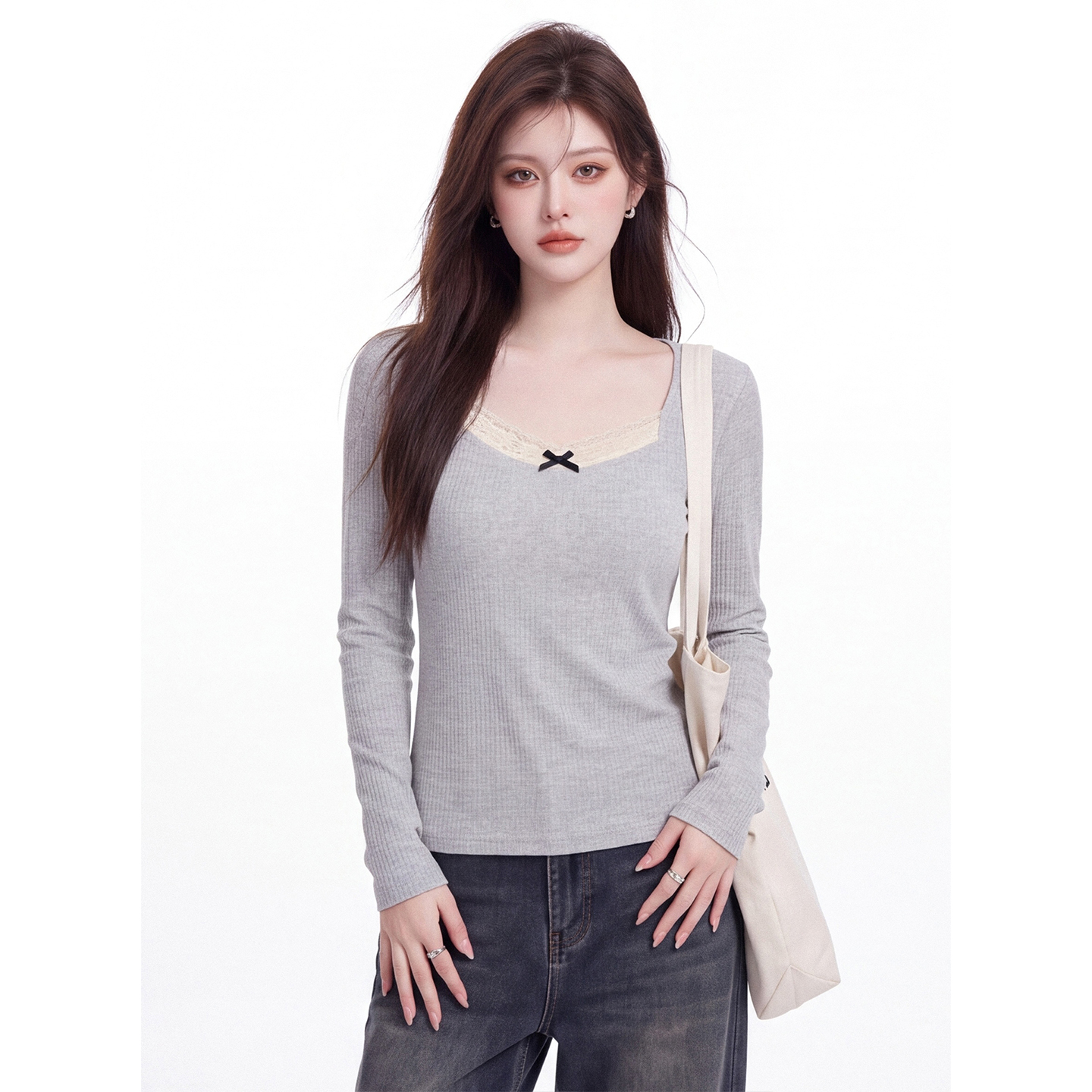 Women's Lace Trim Long Sleeve T-Shirt 2026 Fall Slim Fit Base Layer - Image 2