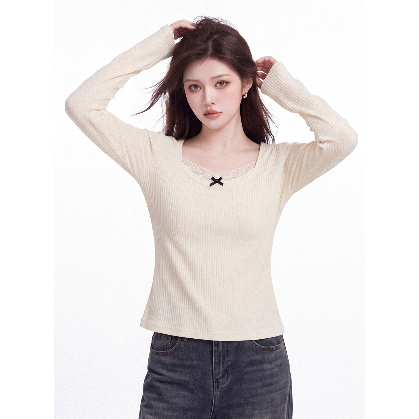 Women's Lace Trim Long Sleeve T-Shirt 2026 Fall Slim Fit Base Layer - Image 4