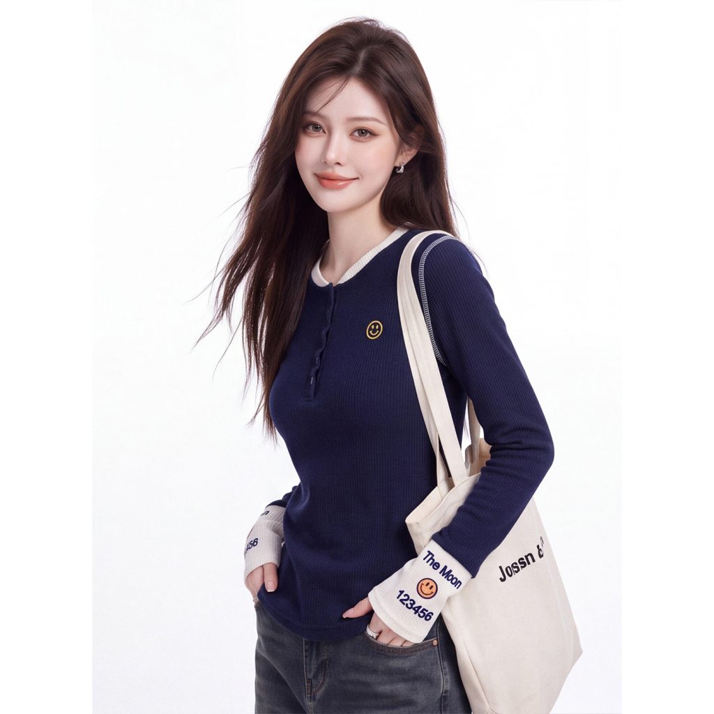 American Retro Color Block Long Sleeve T-Shirt for Women 2026 Fall Slim Fit Top