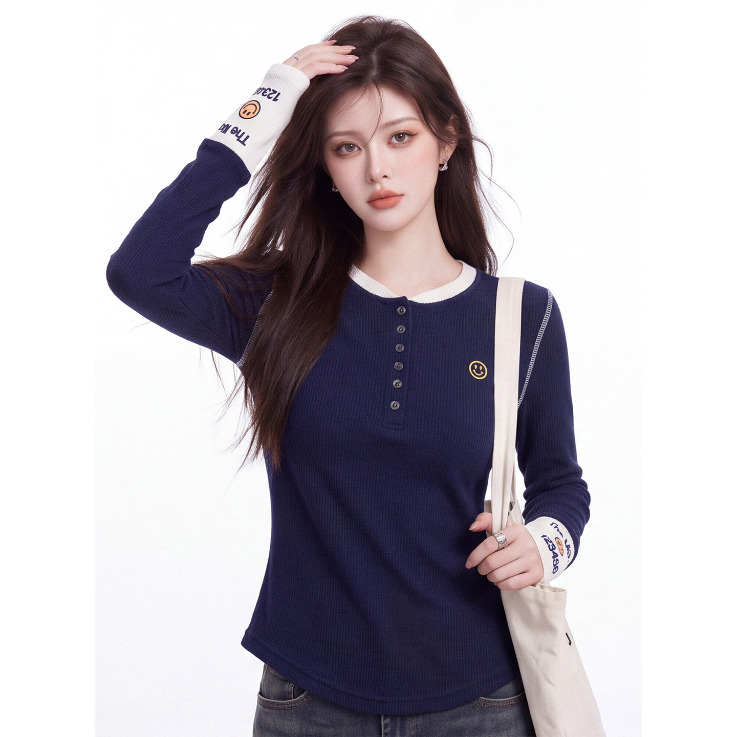 American Retro Color Block Long Sleeve T-Shirt for Women 2026 Fall Slim Fit Top - Image 2