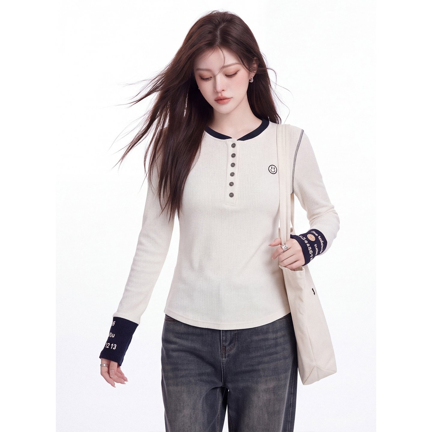 American Retro Color Block Long Sleeve T-Shirt for Women 2026 Fall Slim Fit Top - Image 3