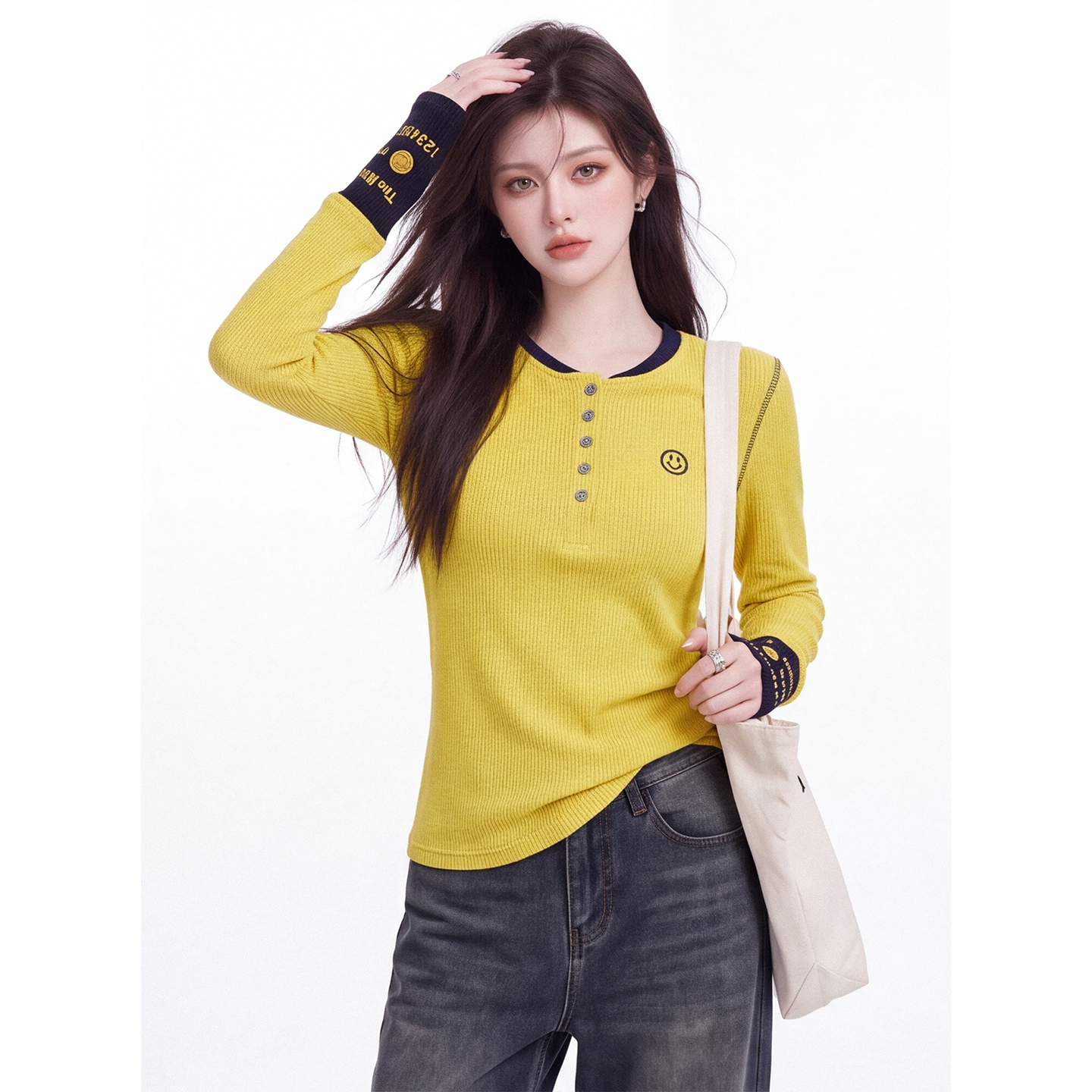 American Retro Color Block Long Sleeve T-Shirt for Women 2026 Fall Slim Fit Top - Image 4